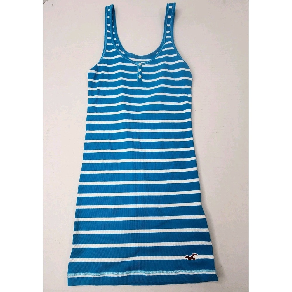 Hollister Vintage Y2K Blue Ribbed Striped Henley Tank Top Medium Stretch